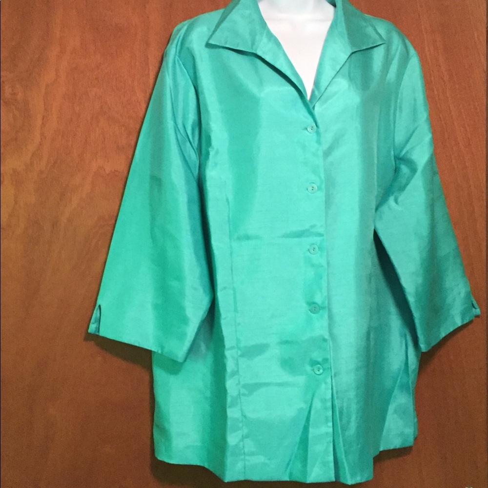 Plus size 22W Shirt Button down 3/4 Sleeve teal